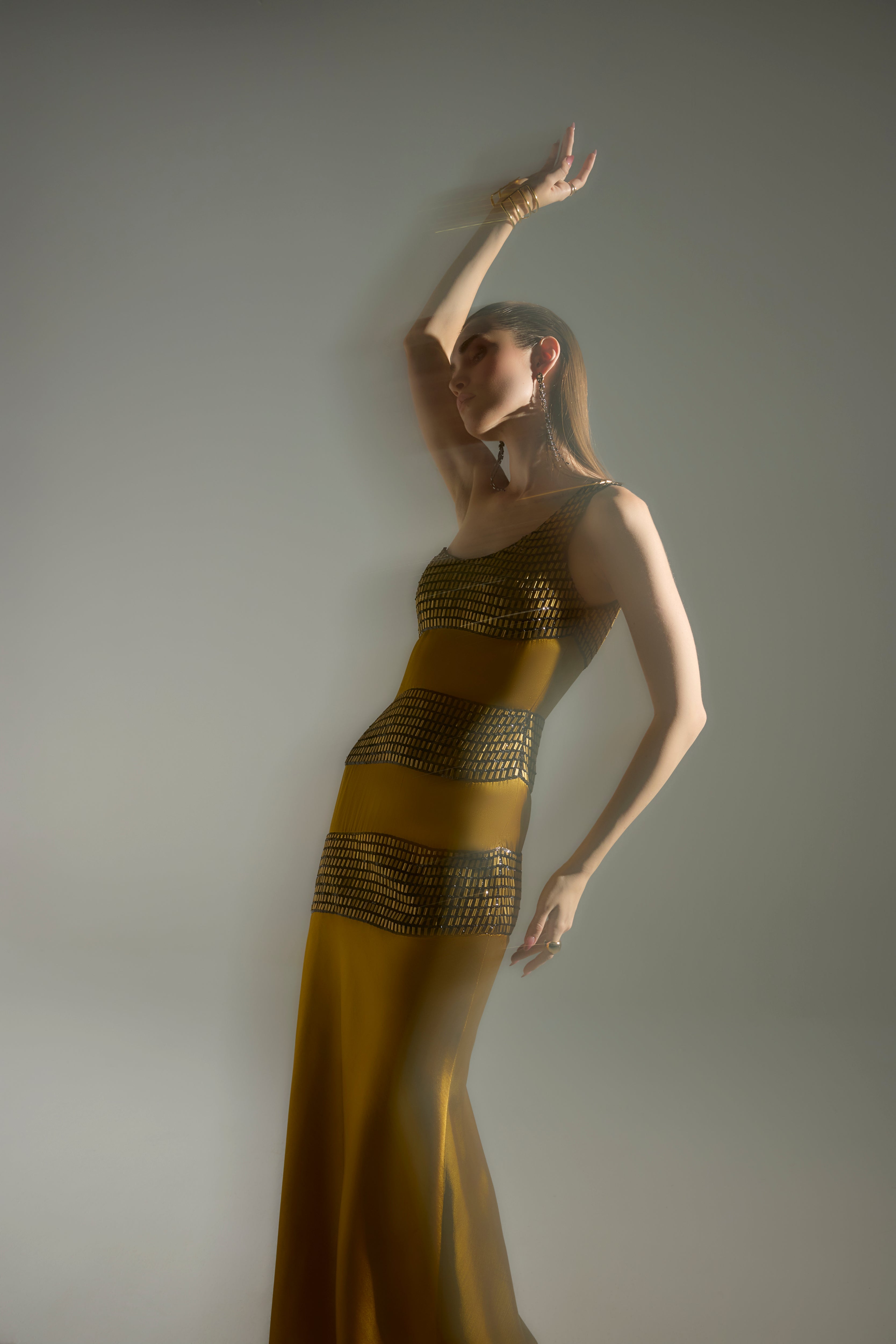 Metal Embellished One-Shoulder Maxi in Gold