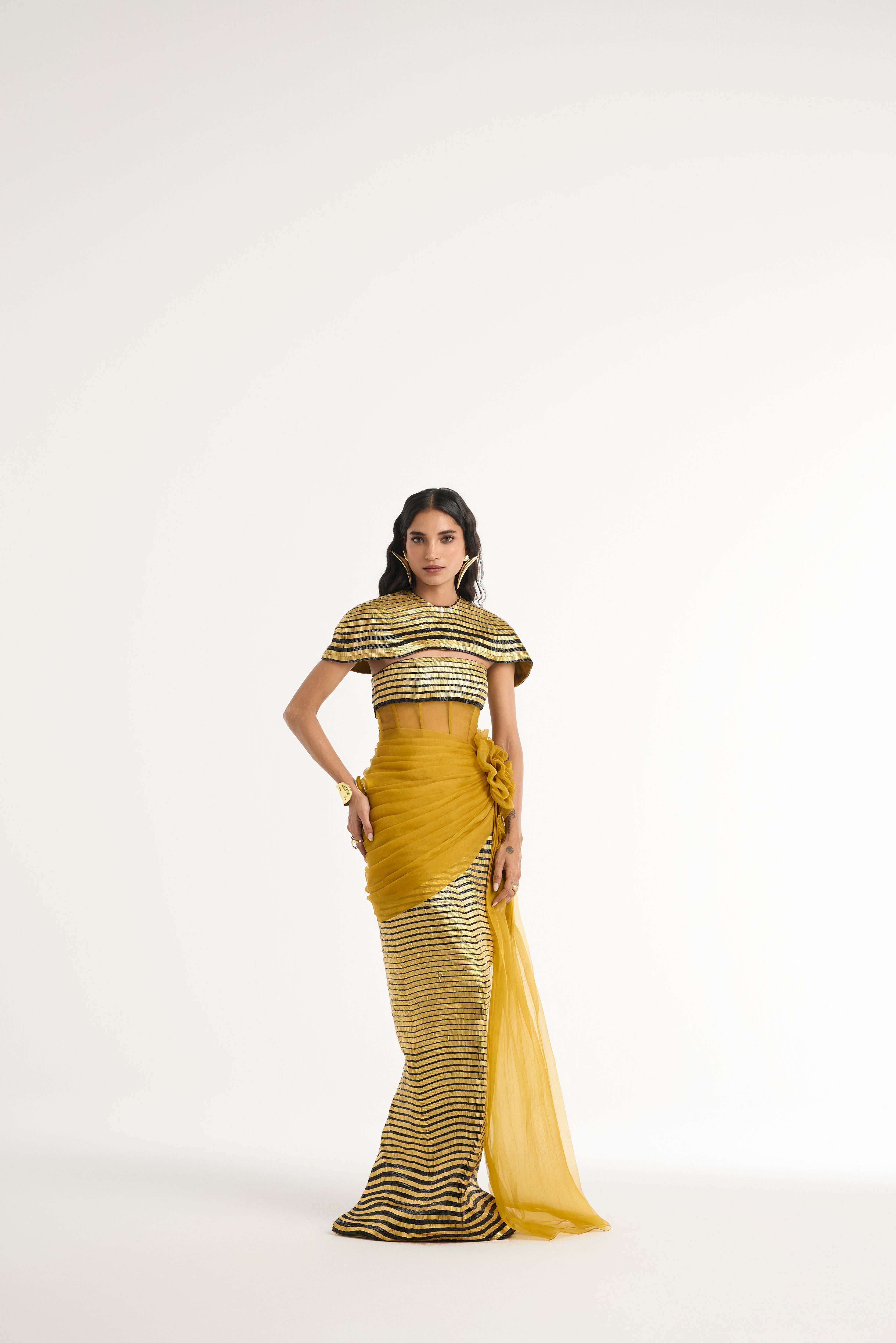 Metal Embroidered Gown with Detachable Cape in Gold