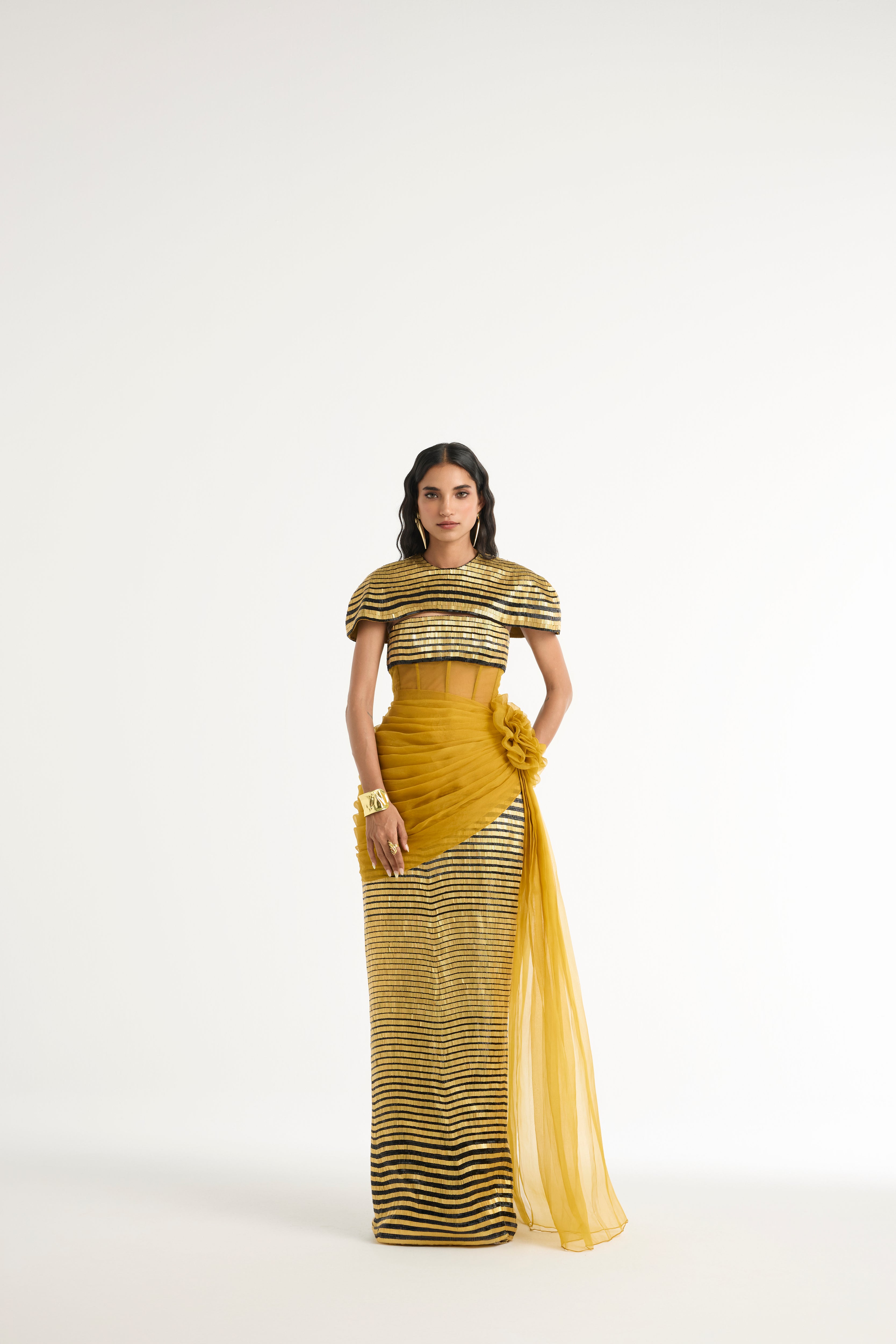 Metal Embroidered Gown with Detachable Cape in Gold