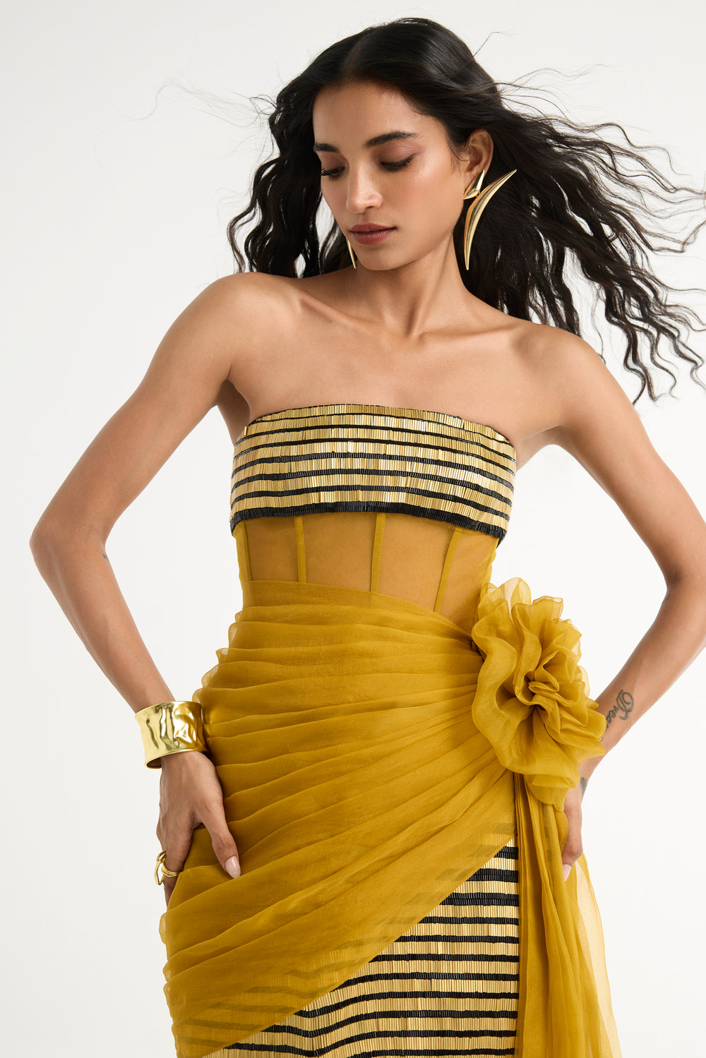 Metal Embroidered Gown with Detachable Cape in Gold