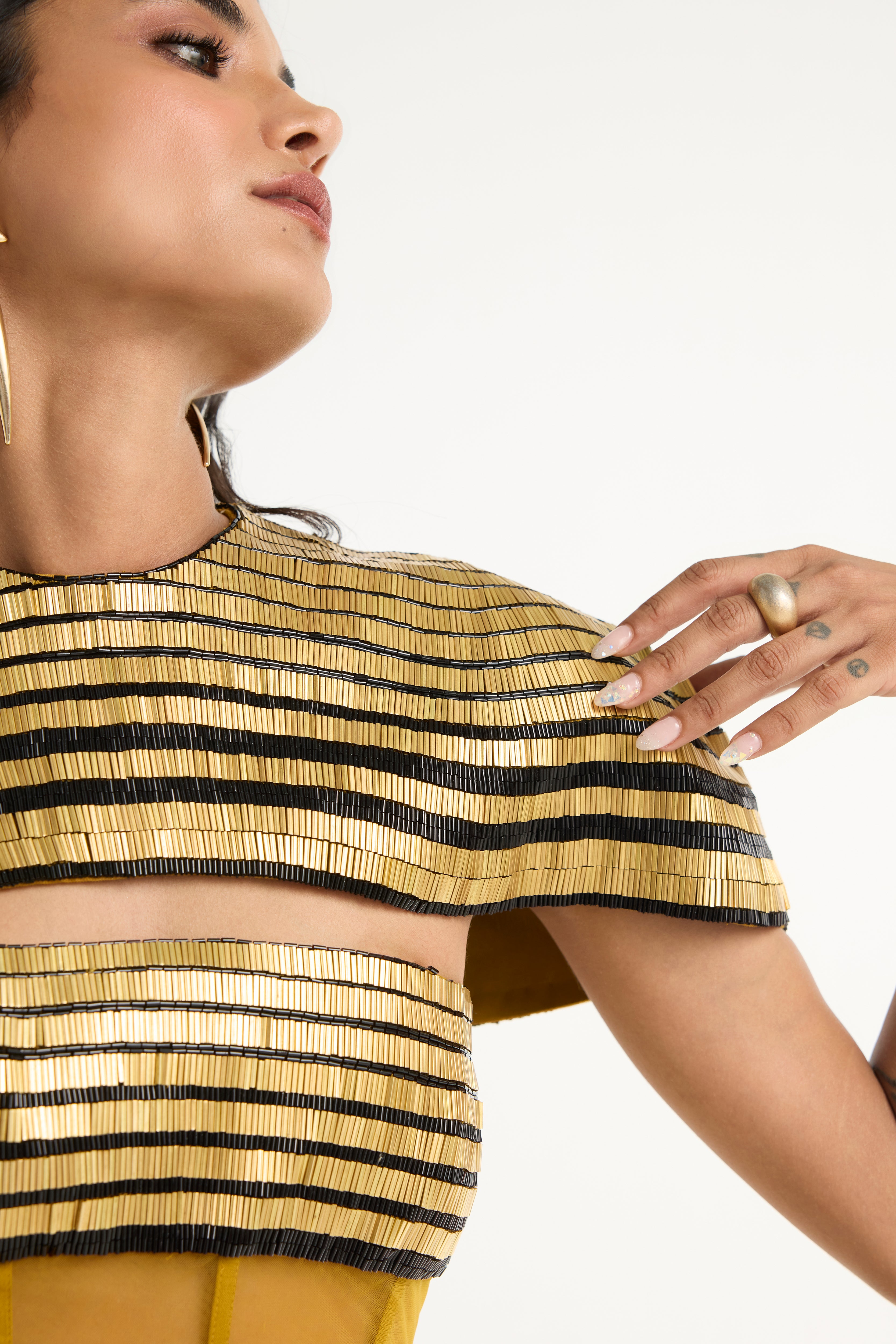 Metal Embroidered Gown with Detachable Cape in Gold