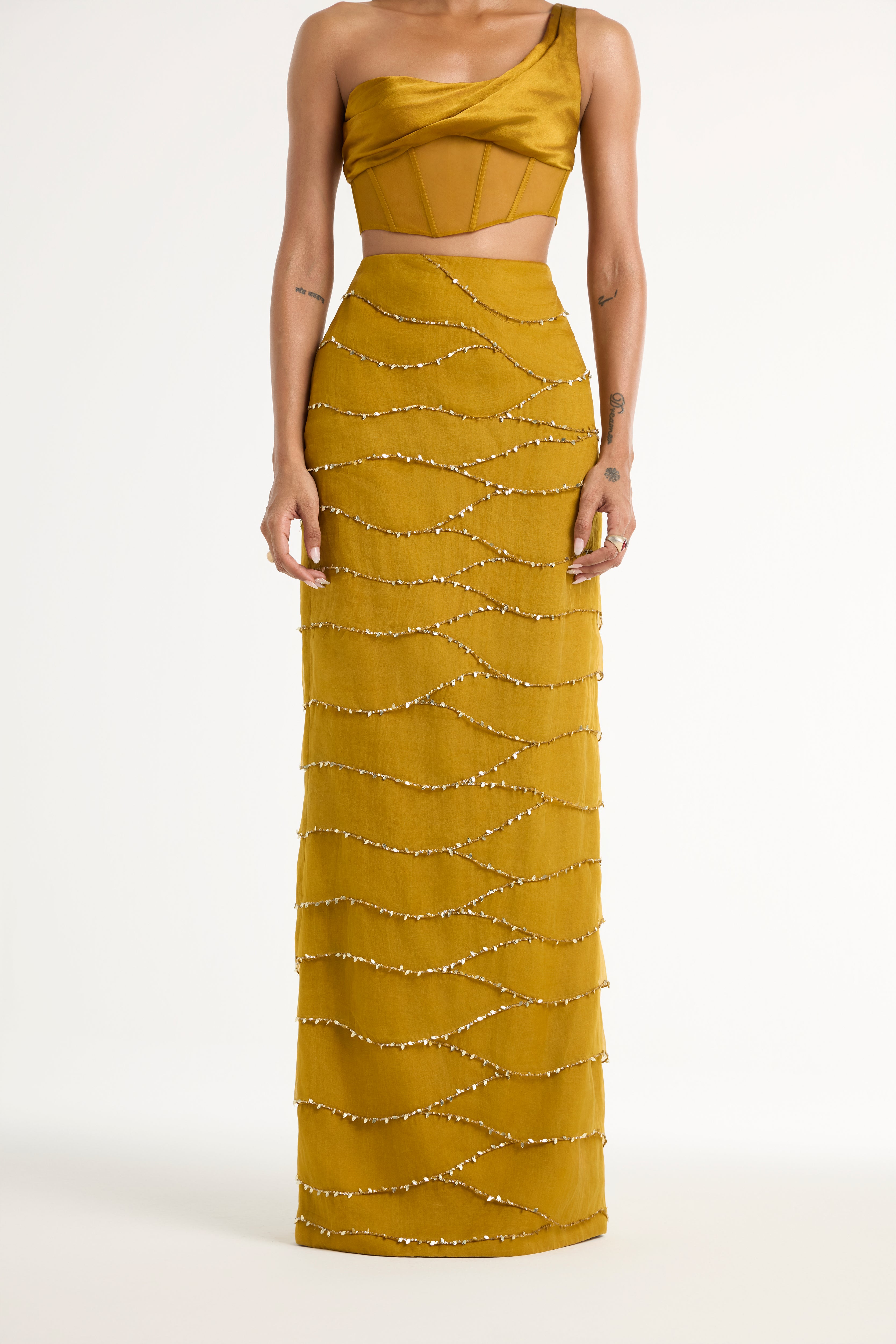 Embroidered Ruffle Skirt in Gold