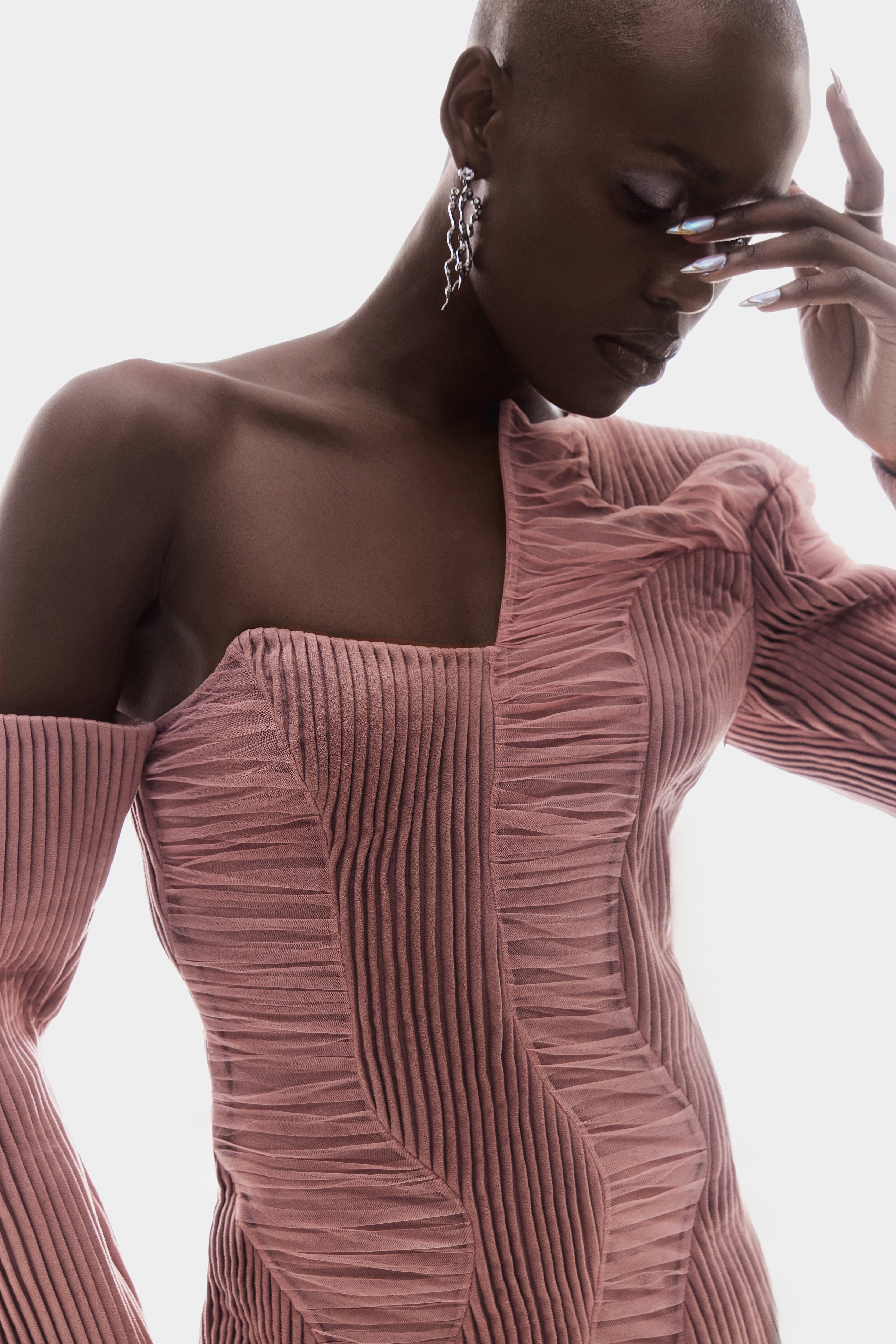 ONE-SHOULDER PLEATED AND RUCHED MINI DRESS IN PEACH