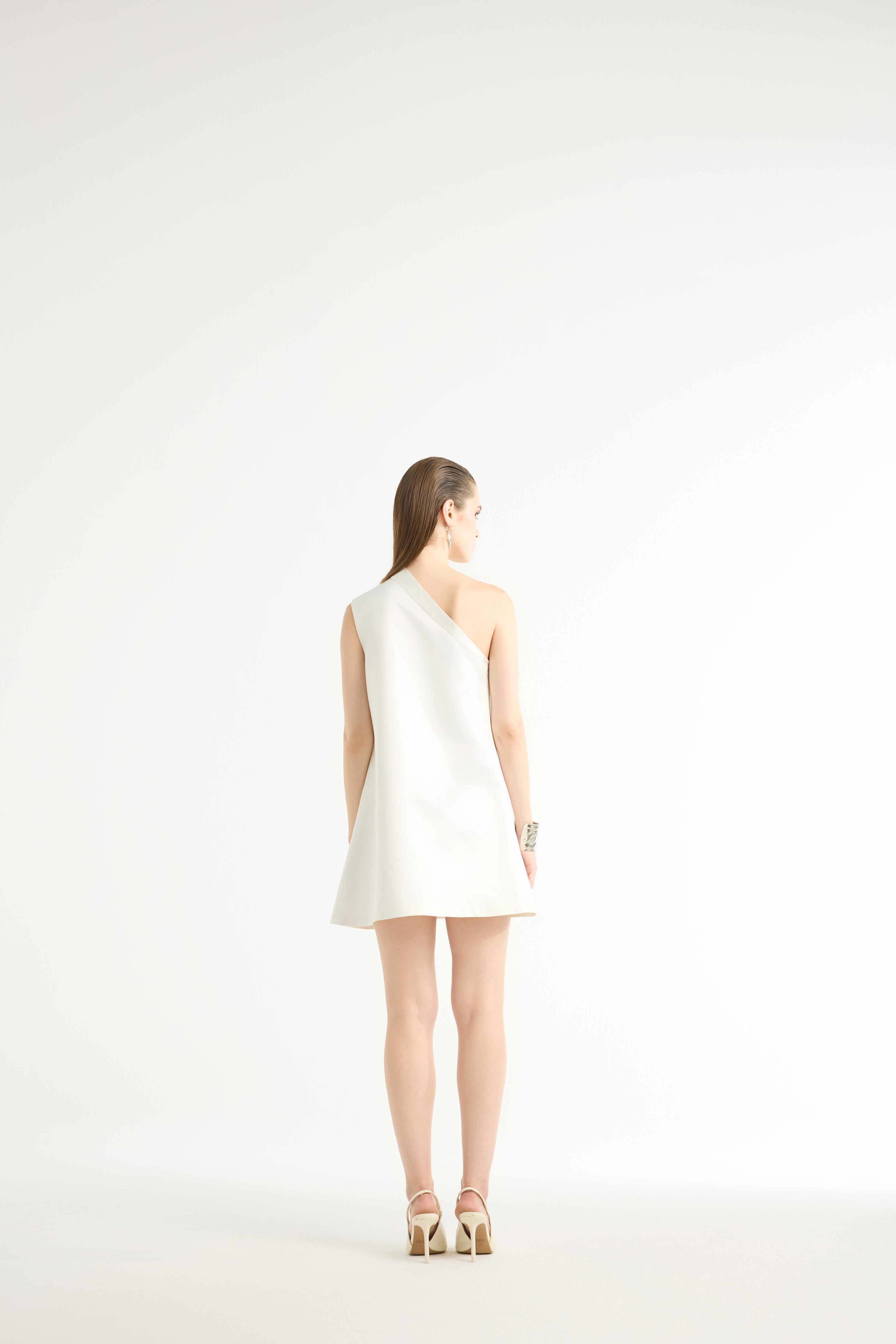 One-Shoulder Raffia Mini Dress in White