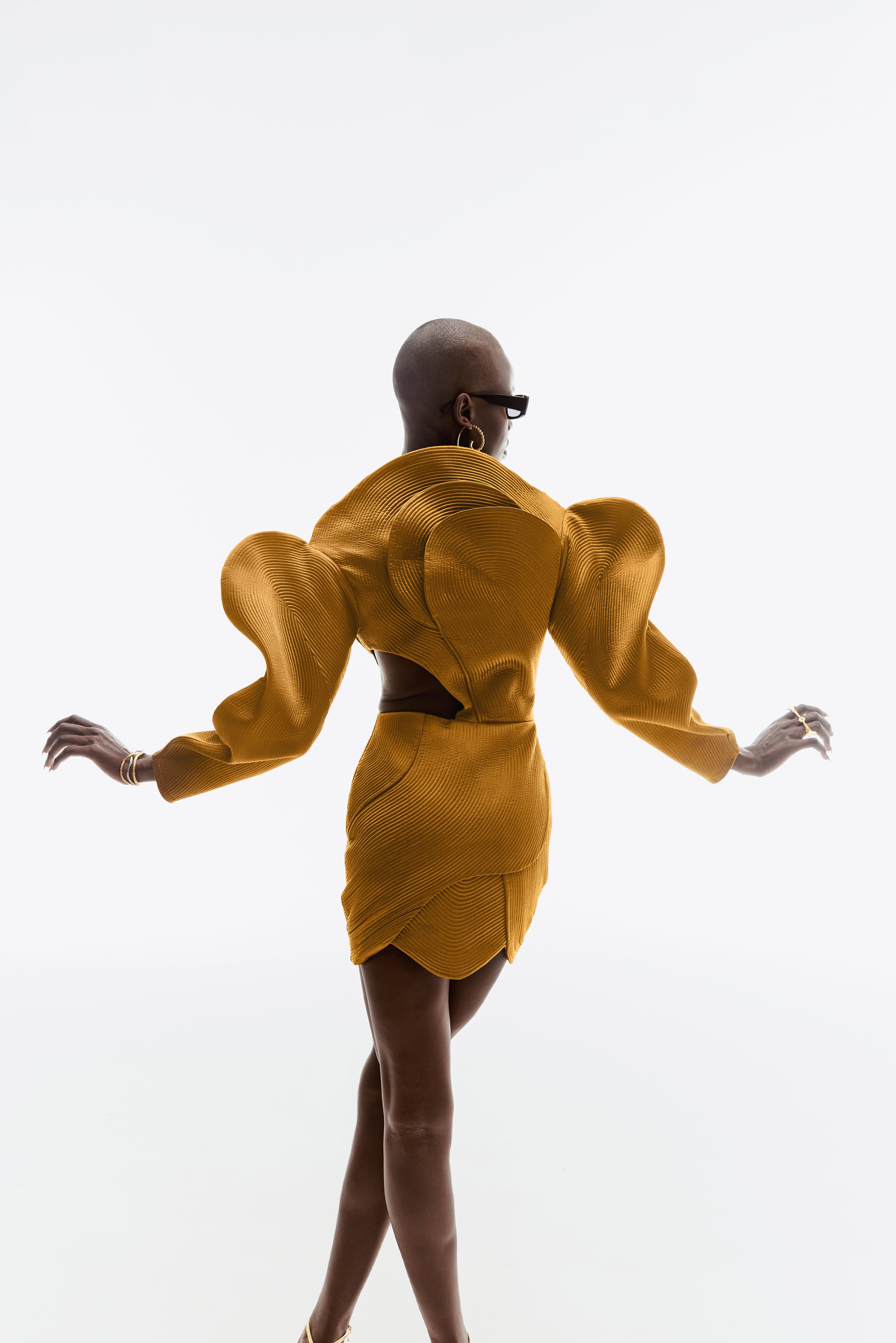 QUILTED SATIN MINI DRESS IN RUSTIC GOLD