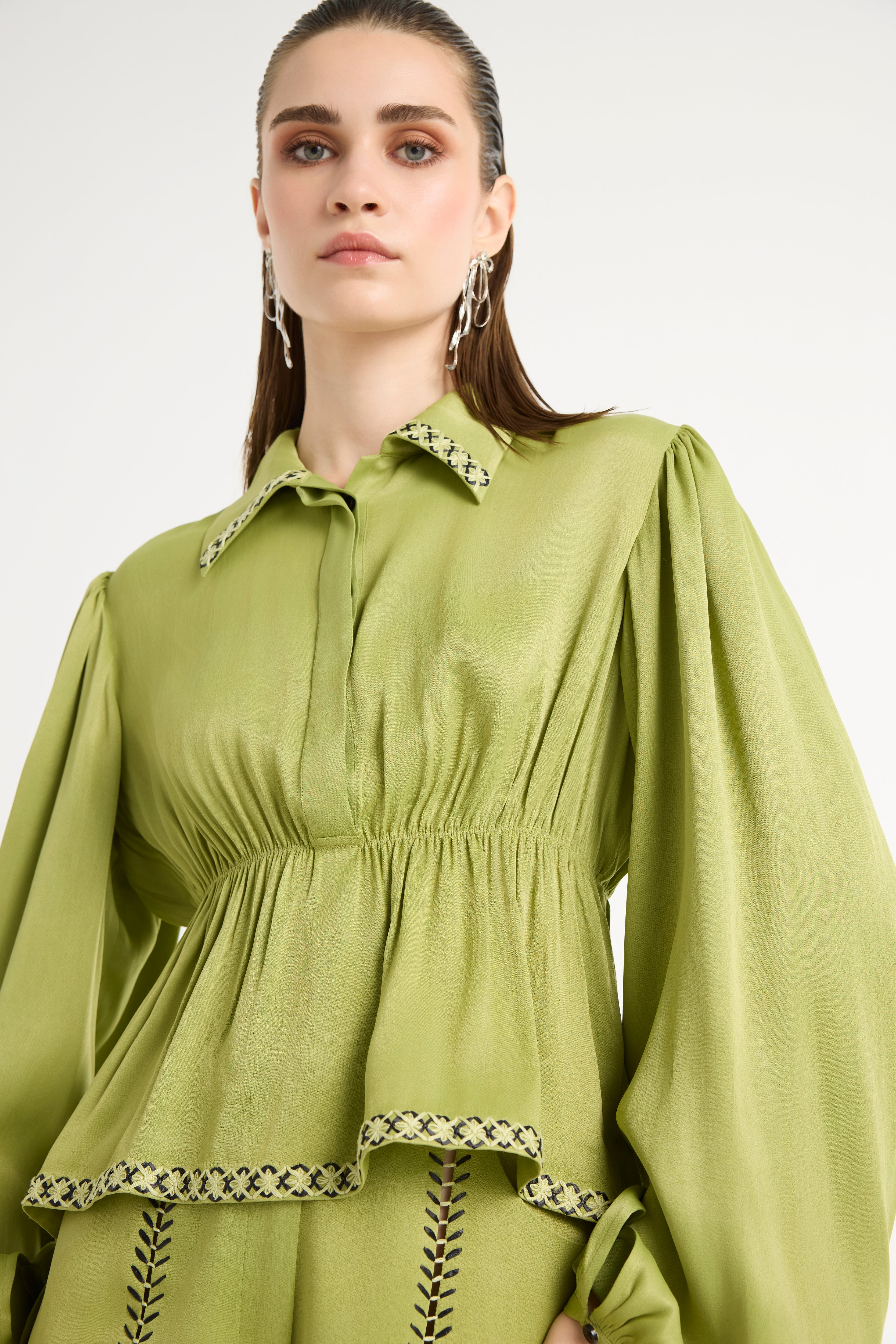 Raffia Embroidered Blouse in Green