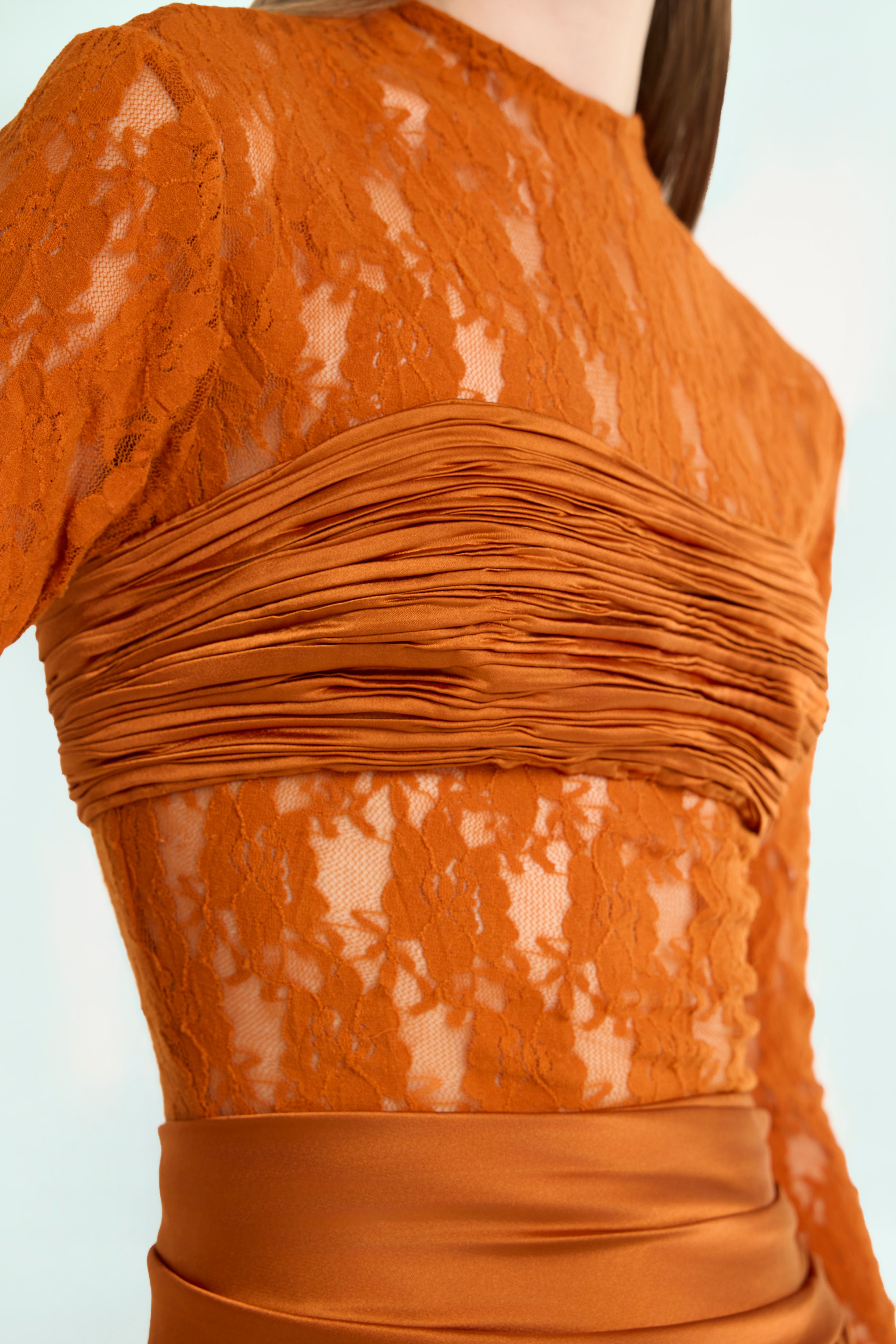 Ruched Satin and Lace Bodysuit in Orange