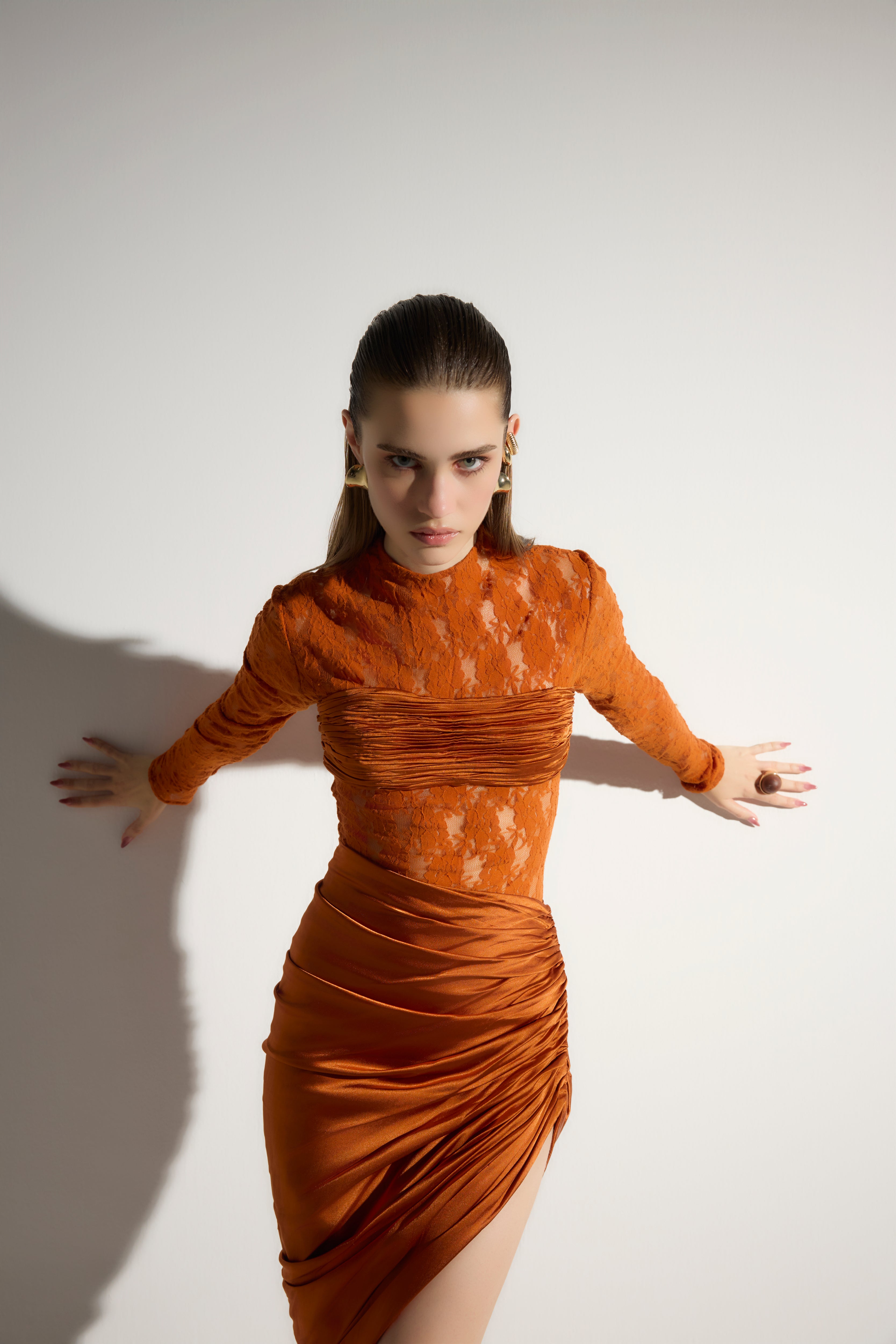 Asymmetrical Draped Midi Skirt in Orange