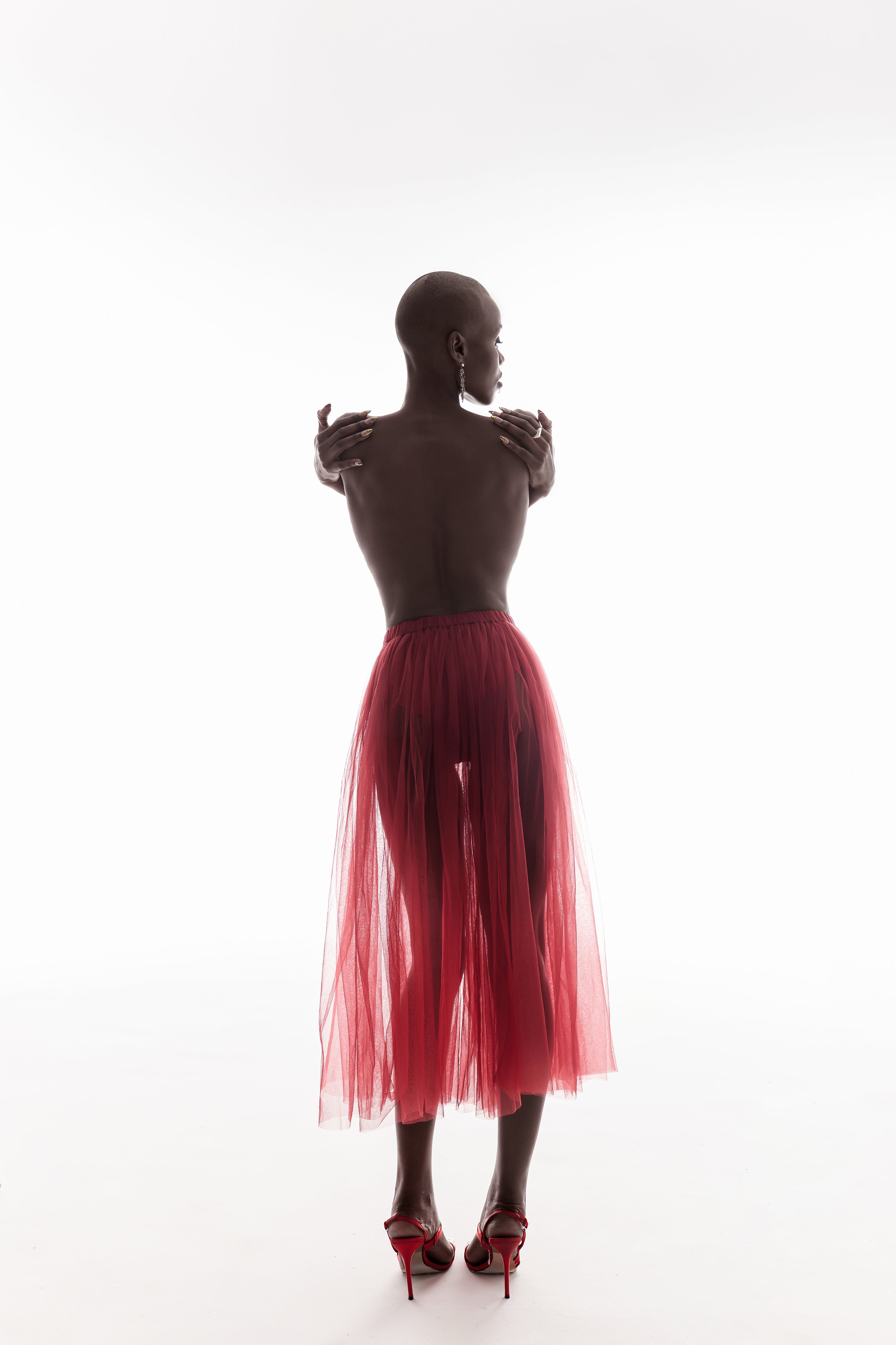 SHEER GATHERED MIDI SKIRT IN WINE