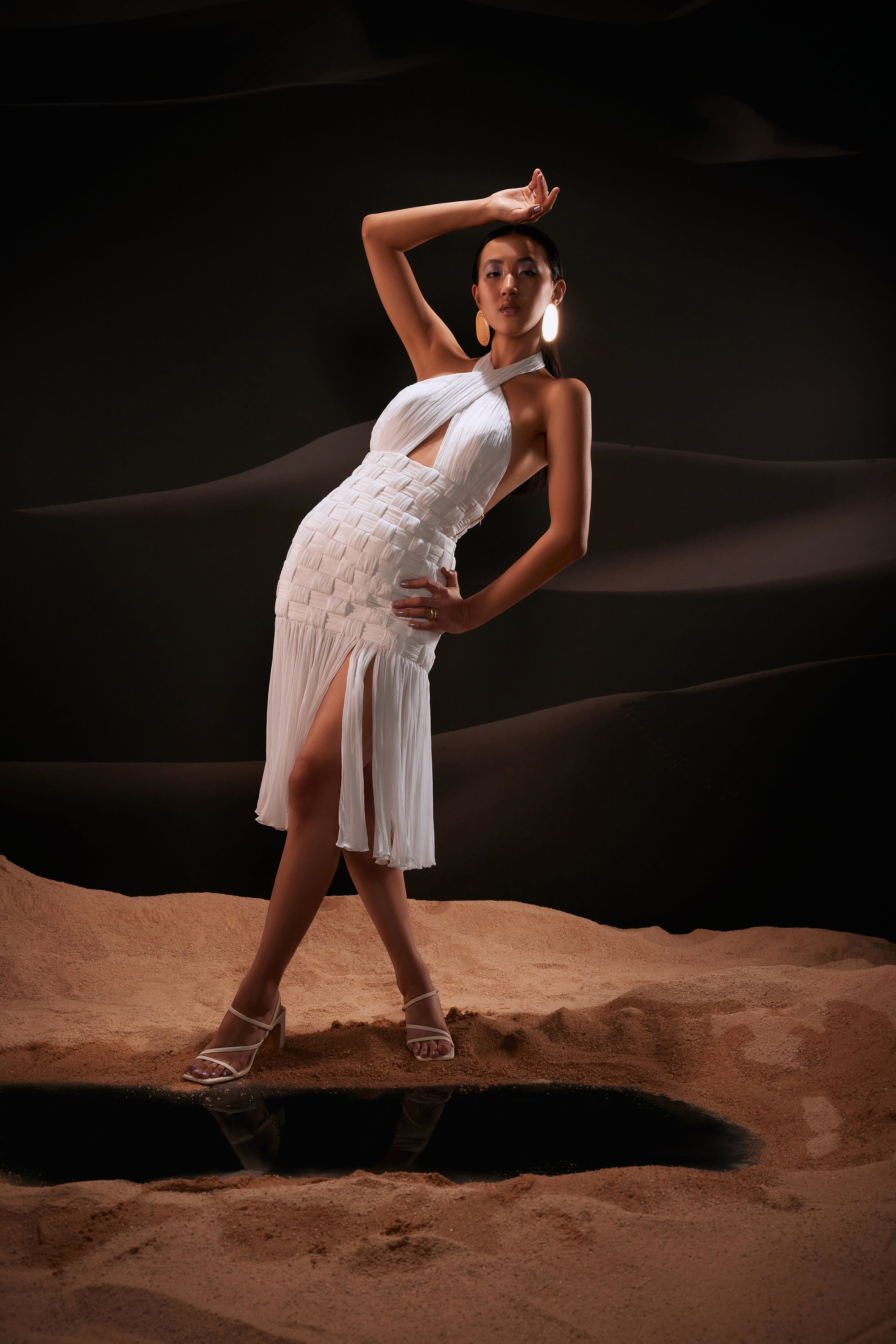 Woven Halterneck Midi Dress in White